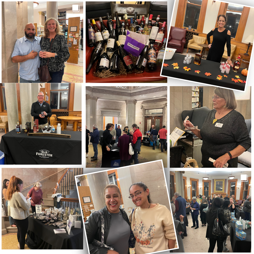 Collage of pictures from the spirits event, including attendees, volunteers and prize items.