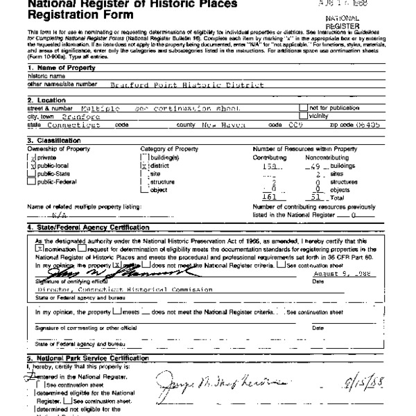 National Register of Historic Places Inventory Nomination Form, Branford Point Historic District